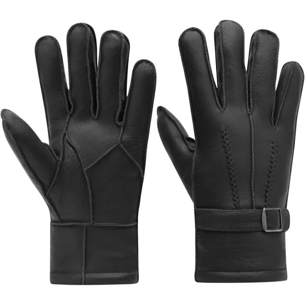 Harssidanzar Men's Black Winter Leather Gloves Sheepskin Warm Shearling Lined